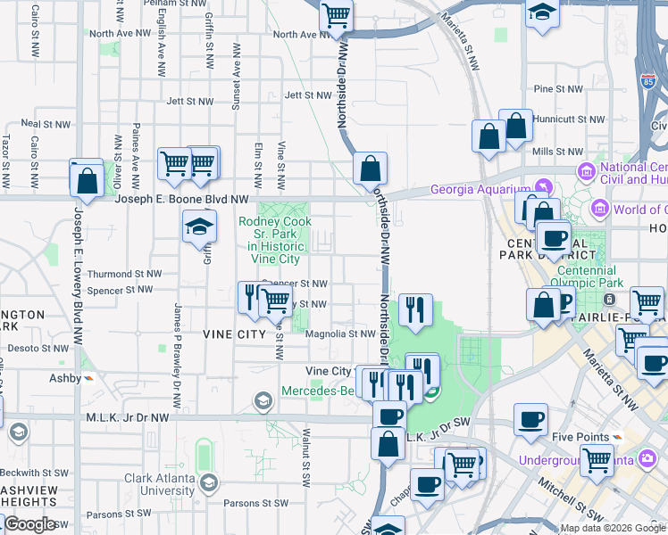 map of restaurants, bars, coffee shops, grocery stores, and more near 216 Maple Place Northwest in Atlanta