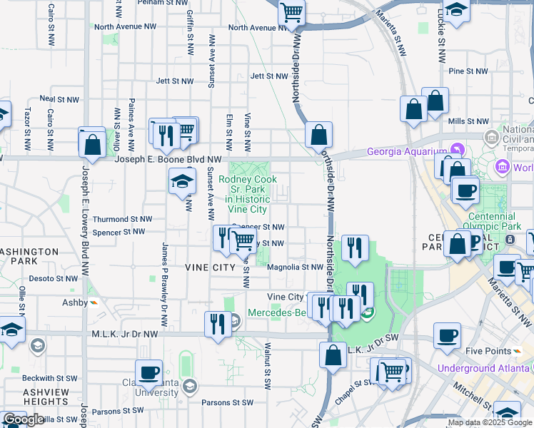 map of restaurants, bars, coffee shops, grocery stores, and more near 214 Walnut Street Northwest in Atlanta