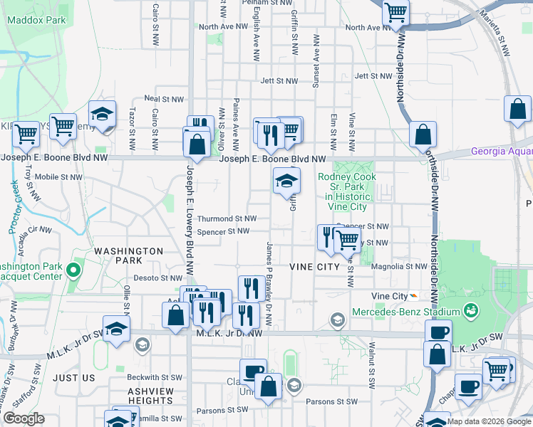 map of restaurants, bars, coffee shops, grocery stores, and more near 218 James P Brawley Drive Northwest in Atlanta