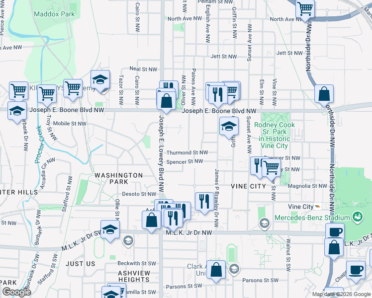 map of restaurants, bars, coffee shops, grocery stores, and more near 218 Sciple Terrace Northwest in Atlanta