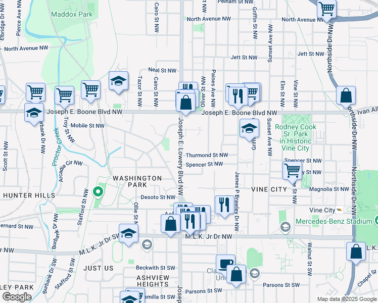 map of restaurants, bars, coffee shops, grocery stores, and more near 891 Thurmond Street Northwest in Atlanta