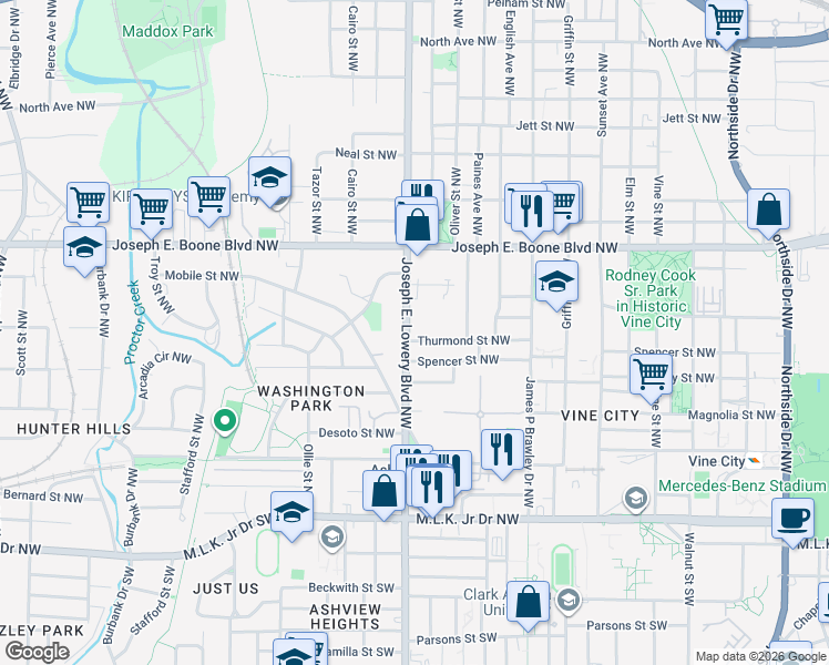 map of restaurants, bars, coffee shops, grocery stores, and more near 891 Thurmond Street Northwest in Atlanta