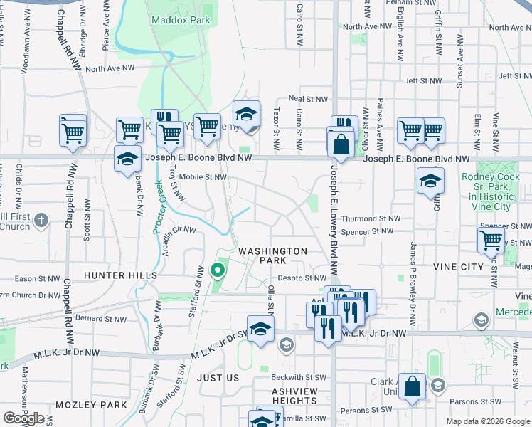 map of restaurants, bars, coffee shops, grocery stores, and more near 211 Ollie Street Northwest in Atlanta