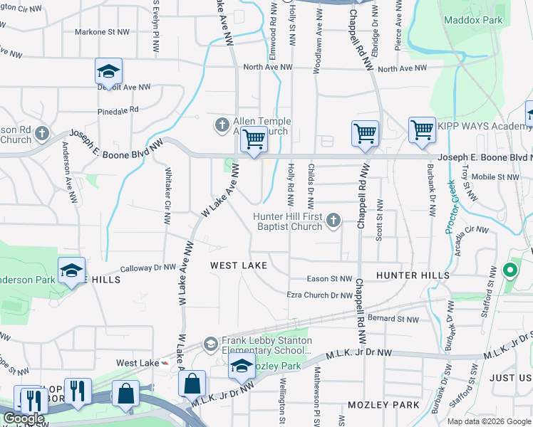 map of restaurants, bars, coffee shops, grocery stores, and more near 227 West Lake Drive Northwest in Atlanta