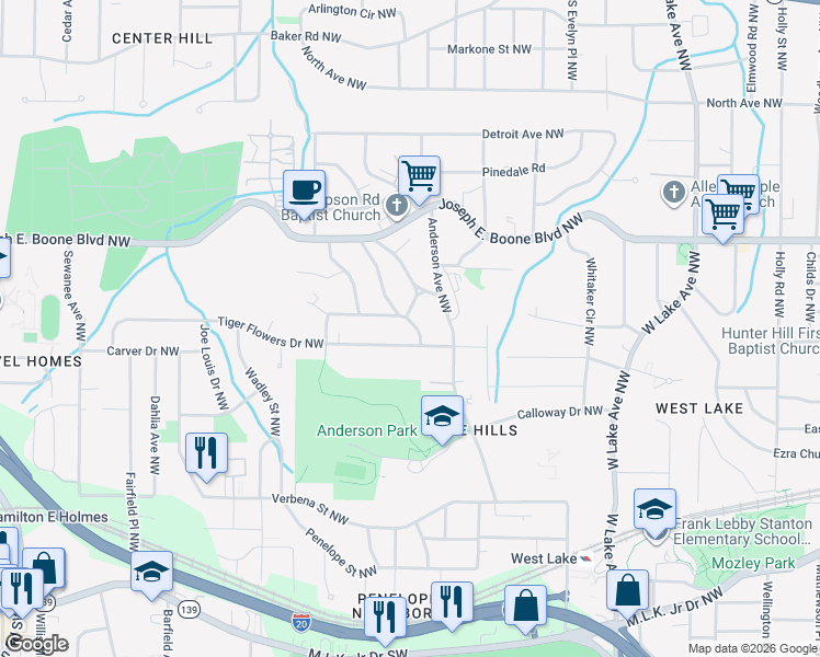 map of restaurants, bars, coffee shops, grocery stores, and more near 1961 Tiger Flowers Drive Northwest in Atlanta