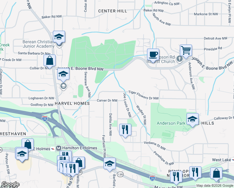 map of restaurants, bars, coffee shops, grocery stores, and more near 2274 Tiger Flowers Drive Northwest in Atlanta