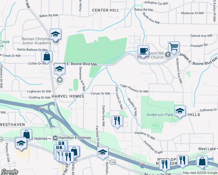 map of restaurants, bars, coffee shops, grocery stores, and more near 2274 Tiger Flowers Drive Northwest in Atlanta
