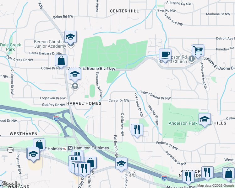 map of restaurants, bars, coffee shops, grocery stores, and more near 2328 Tiger Flowers Drive Northwest in Atlanta