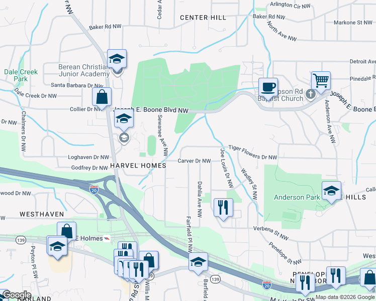 map of restaurants, bars, coffee shops, grocery stores, and more near 2328 Tiger Flowers Drive Northwest in Atlanta