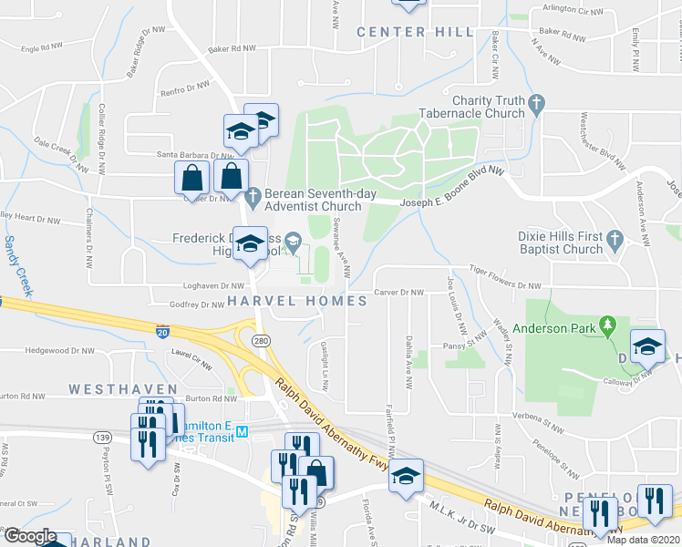 map of restaurants, bars, coffee shops, grocery stores, and more near 263 Sewanee Avenue Northwest in Atlanta