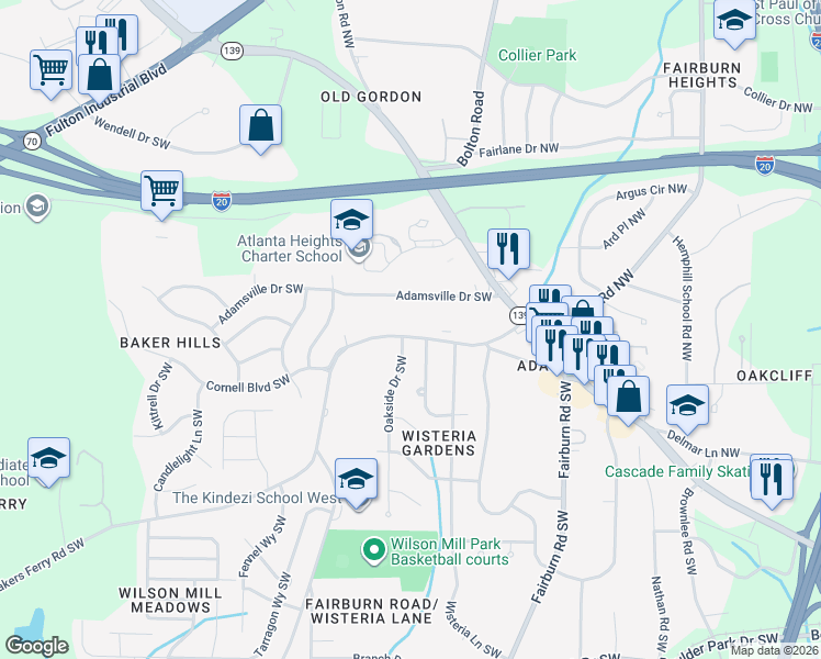 map of restaurants, bars, coffee shops, grocery stores, and more near 3727 Bakers Ferry Road Southwest in Atlanta