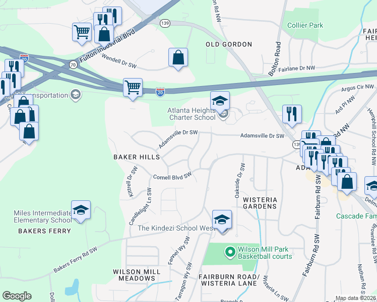 map of restaurants, bars, coffee shops, grocery stores, and more near 375 Dartmouth Drive Southwest in Atlanta