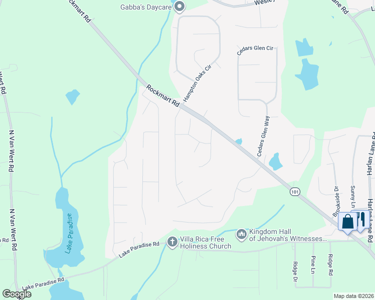 map of restaurants, bars, coffee shops, grocery stores, and more near 35 Woody Way in Villa Rica