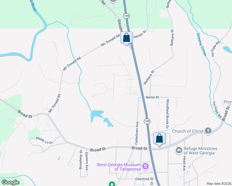 map of restaurants, bars, coffee shops, grocery stores, and more near 727 Kay Street in Tallapoosa