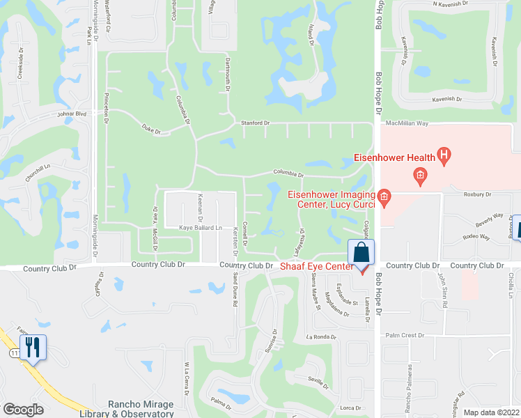 map of restaurants, bars, coffee shops, grocery stores, and more near 3 Barnard Court in Rancho Mirage