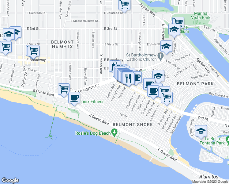 map of restaurants, bars, coffee shops, grocery stores, and more near 159 Roycroft Avenue in Long Beach