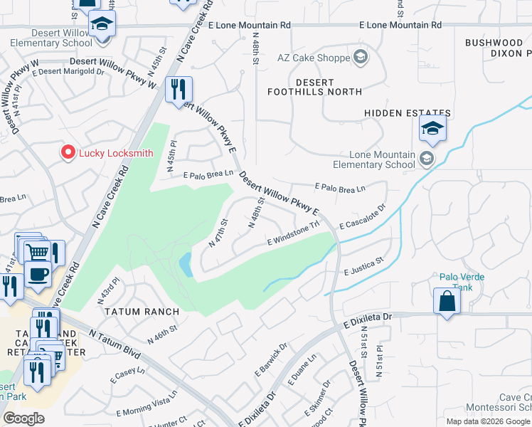 map of restaurants, bars, coffee shops, grocery stores, and more near 4803 East Cascalote Drive in Cave Creek