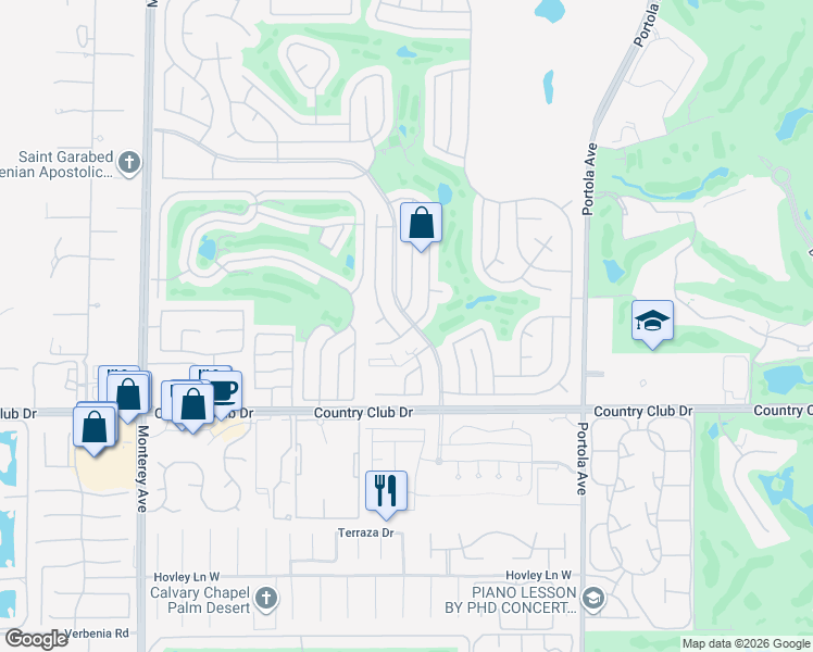 map of restaurants, bars, coffee shops, grocery stores, and more near 39610 Moronga Canyon Drive in Palm Desert