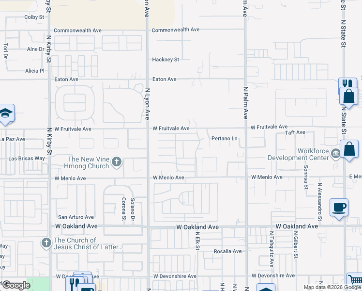map of restaurants, bars, coffee shops, grocery stores, and more near 1300 West Menlo Avenue in Hemet