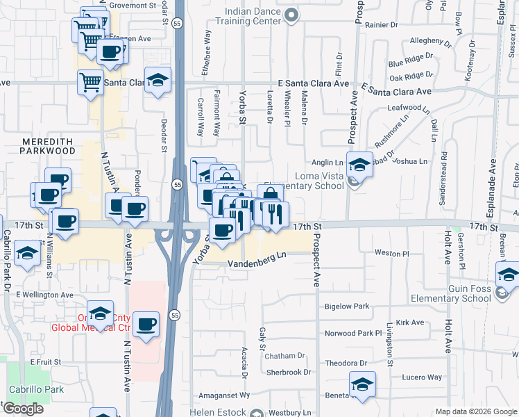 map of restaurants, bars, coffee shops, grocery stores, and more near 13902 Yorba Street in Tustin