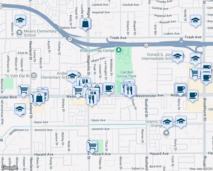 map of restaurants, bars, coffee shops, grocery stores, and more near 9192 Ingram Avenue in Garden Grove