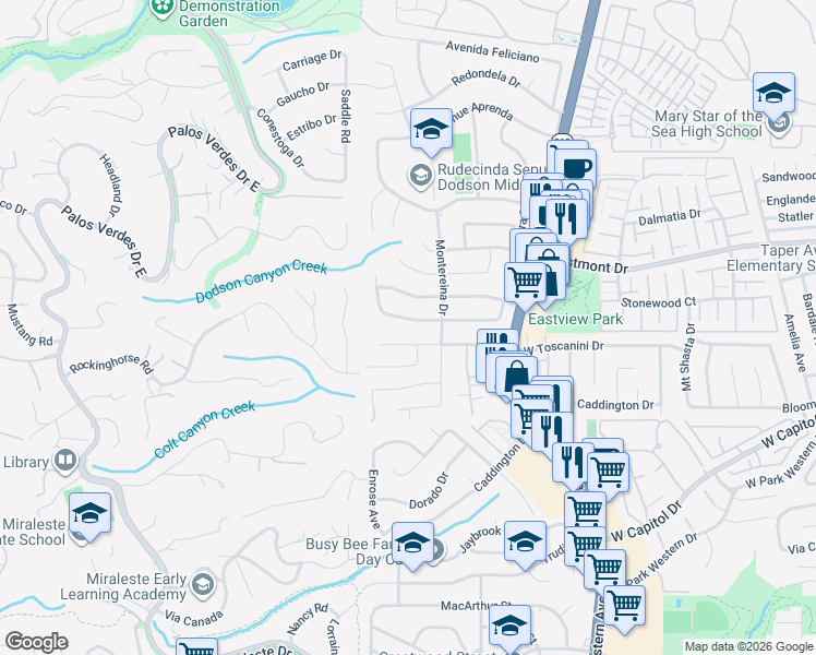 map of restaurants, bars, coffee shops, grocery stores, and more near 2119 West Toscanini Drive in Rancho Palos Verdes