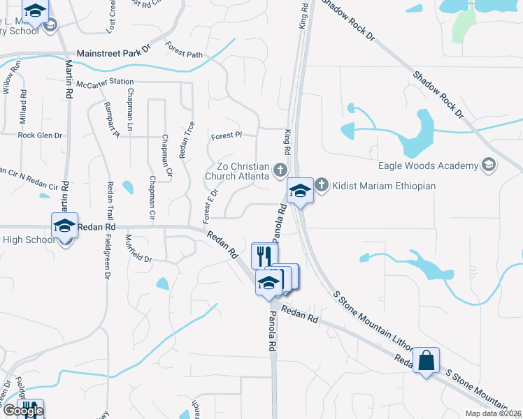 map of restaurants, bars, coffee shops, grocery stores, and more near 5443 Forest East Lane in Stone Mountain