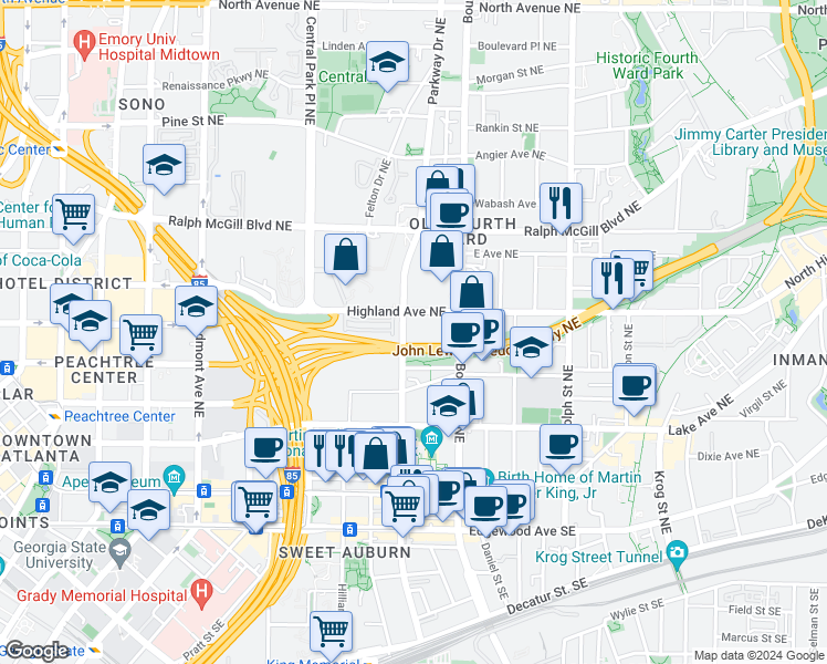 map of restaurants, bars, coffee shops, grocery stores, and more near 6636 Georgia 10 in Atlanta