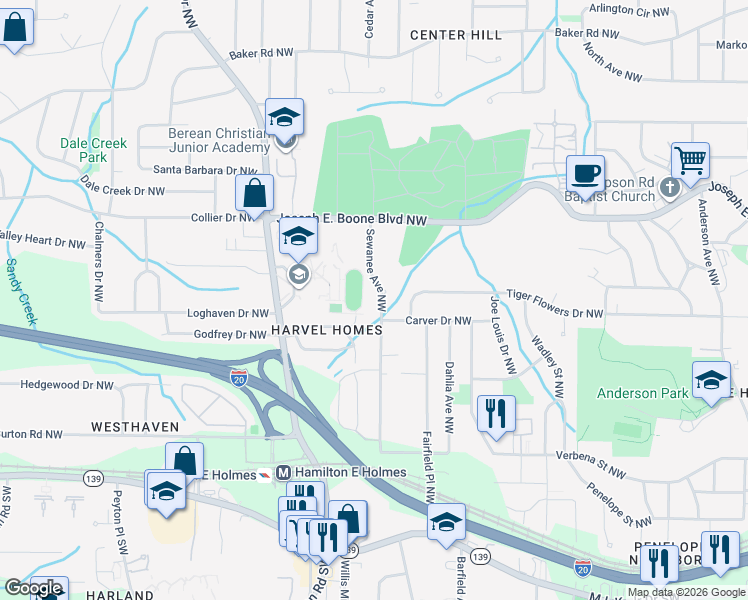 map of restaurants, bars, coffee shops, grocery stores, and more near 263 Sewanee Avenue Northwest in Atlanta