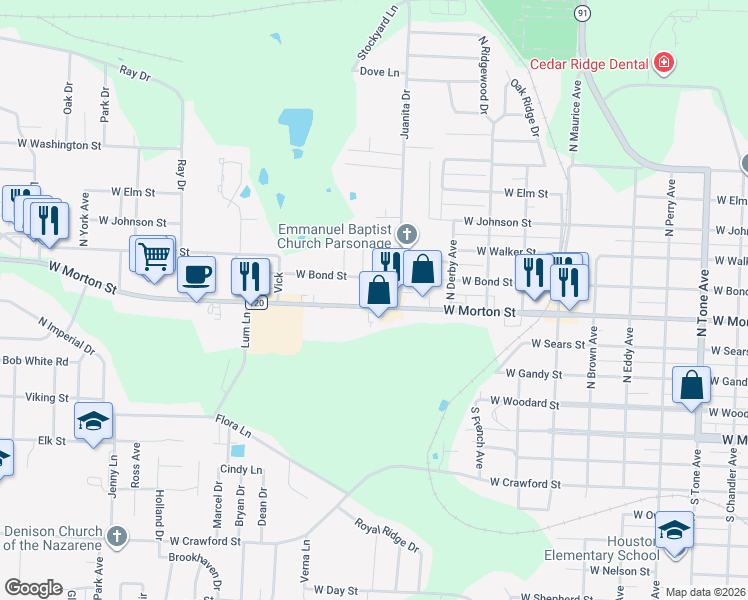 map of restaurants, bars, coffee shops, grocery stores, and more near 1901 West Morton Street in Denison