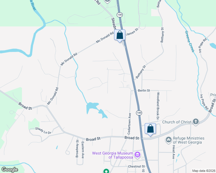 map of restaurants, bars, coffee shops, grocery stores, and more near 727 Kay Street in Tallapoosa