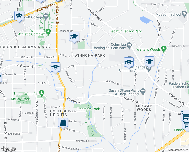 map of restaurants, bars, coffee shops, grocery stores, and more near 2522 McKinnon Drive in Decatur
