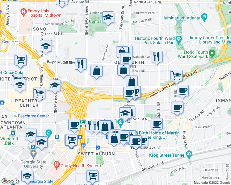 map of restaurants, bars, coffee shops, grocery stores, and more near 435 Highland Avenue Northeast in Atlanta