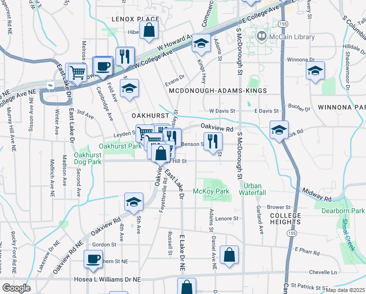 map of restaurants, bars, coffee shops, grocery stores, and more near 320 West Benson Street in Decatur