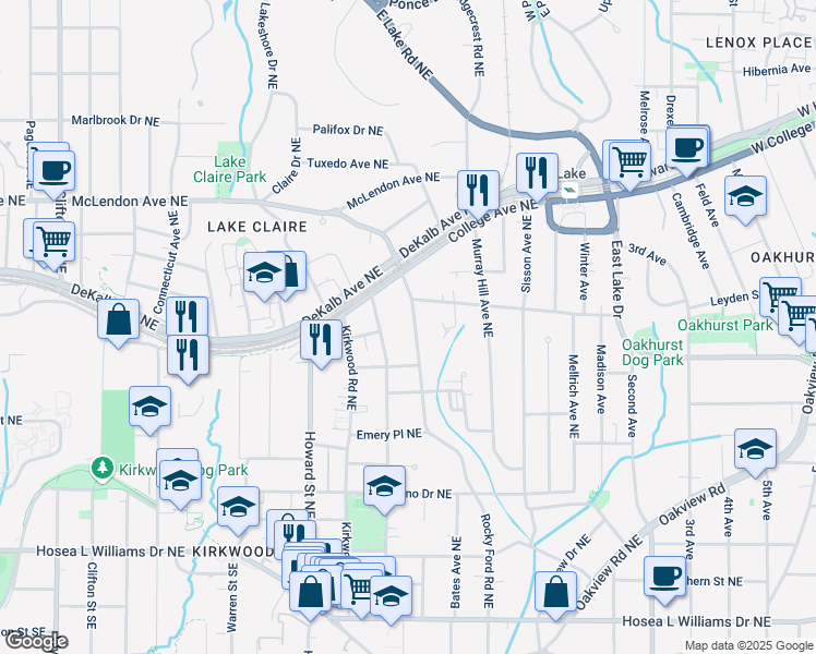 map of restaurants, bars, coffee shops, grocery stores, and more near 274 Rockyford Road Northeast in Atlanta