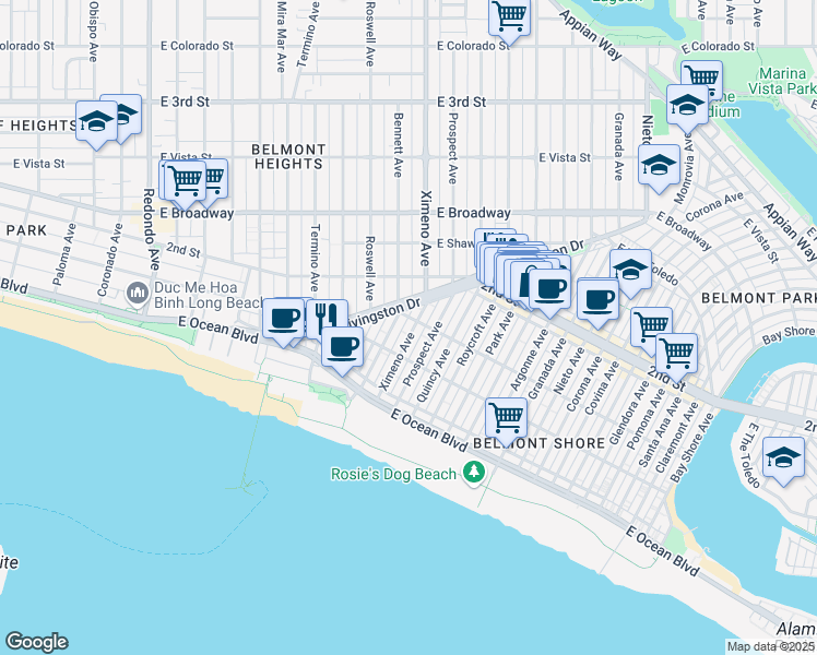 map of restaurants, bars, coffee shops, grocery stores, and more near 125 Ximeno Avenue in Long Beach