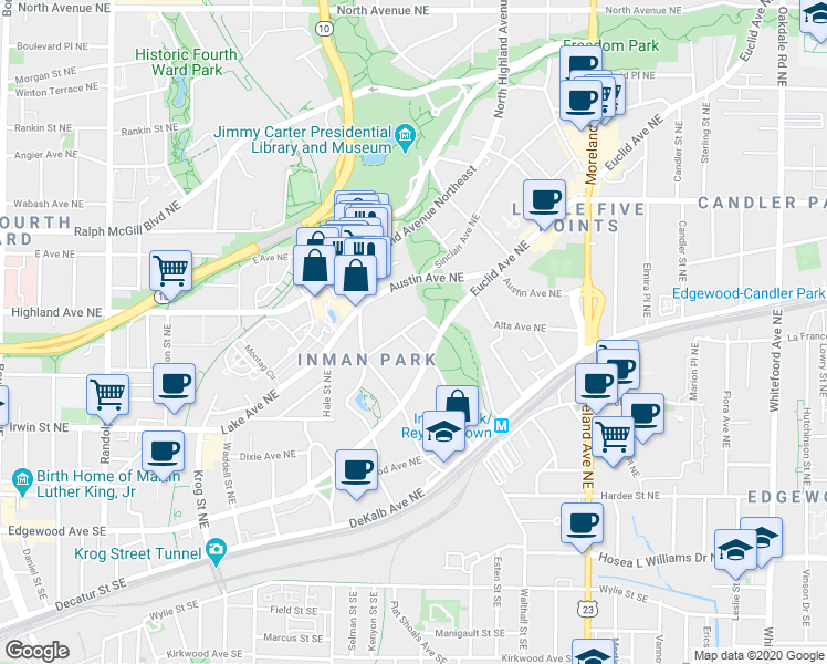 map of restaurants, bars, coffee shops, grocery stores, and more near 957 Waverly Way Northeast in Atlanta