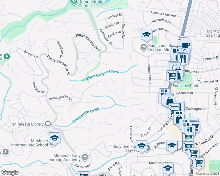 map of restaurants, bars, coffee shops, grocery stores, and more near 88 Rockinghorse Road in Rancho Palos Verdes