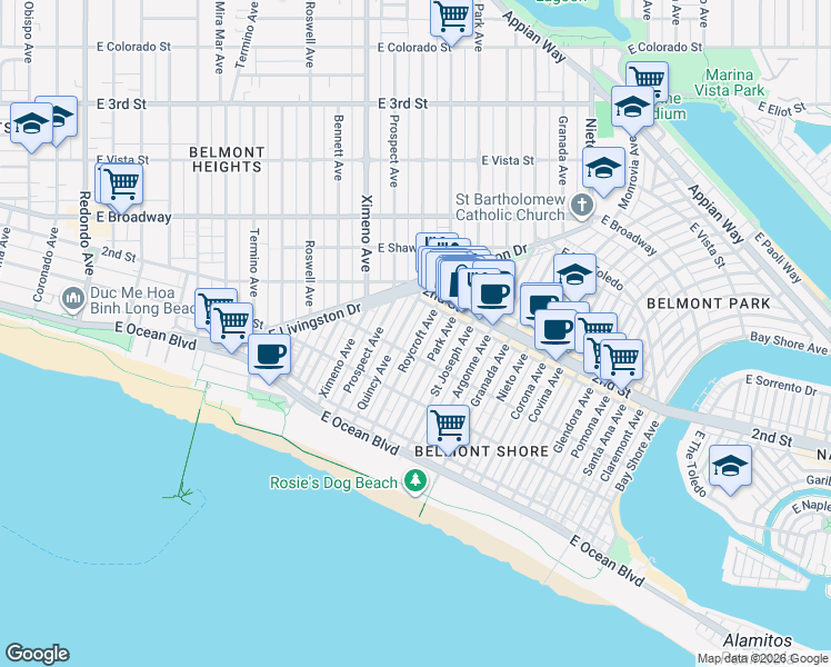 map of restaurants, bars, coffee shops, grocery stores, and more near 159 Roycroft Avenue in Long Beach
