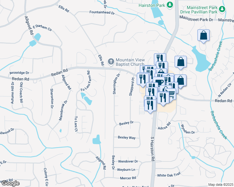 map of restaurants, bars, coffee shops, grocery stores, and more near 1154 Sherrington Dr in Stone Mountain