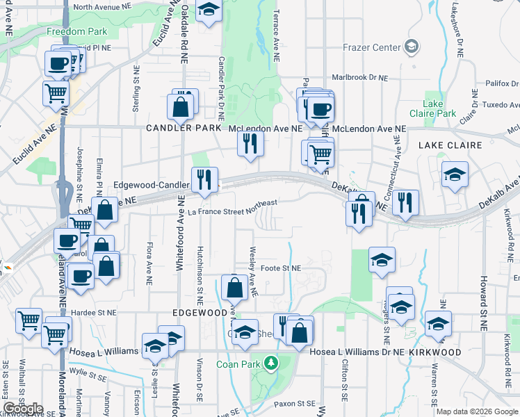 map of restaurants, bars, coffee shops, grocery stores, and more near 234 Carlyle Park Drive in Atlanta