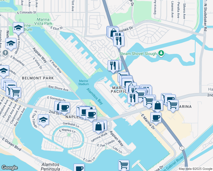 map of restaurants, bars, coffee shops, grocery stores, and more near 5109 Marina Pacifica Drive in Long Beach