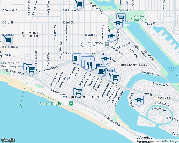 map of restaurants, bars, coffee shops, grocery stores, and more near 5016 2nd Street in Long Beach