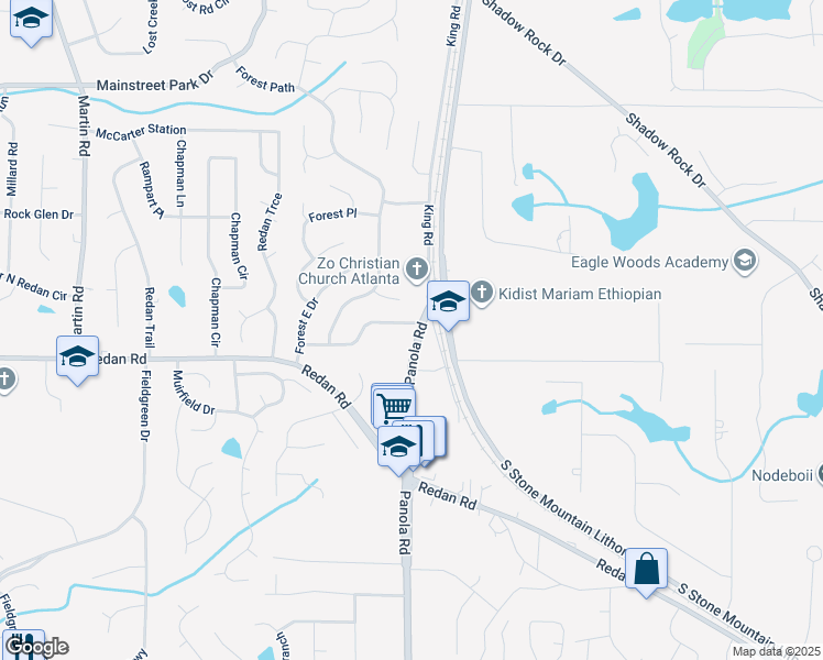 map of restaurants, bars, coffee shops, grocery stores, and more near 5477 Forest East Lane in Stone Mountain