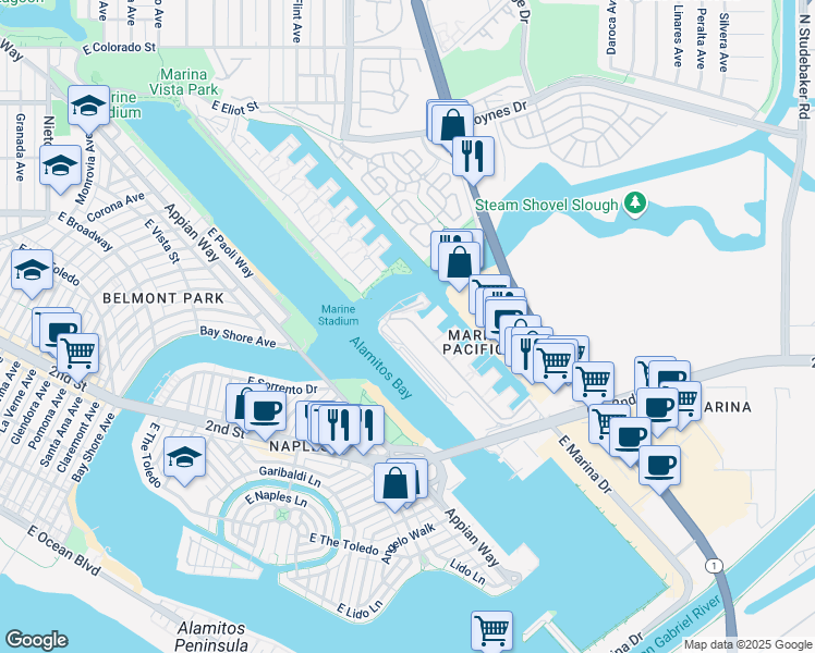 map of restaurants, bars, coffee shops, grocery stores, and more near 5129 Marina Pacifica Drive in Long Beach