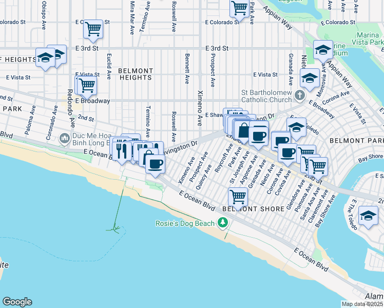 map of restaurants, bars, coffee shops, grocery stores, and more near 125 Ximeno Avenue in Long Beach