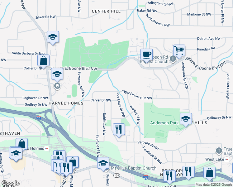 map of restaurants, bars, coffee shops, grocery stores, and more near 2226 Tiger Flowers Drive Northwest in Atlanta