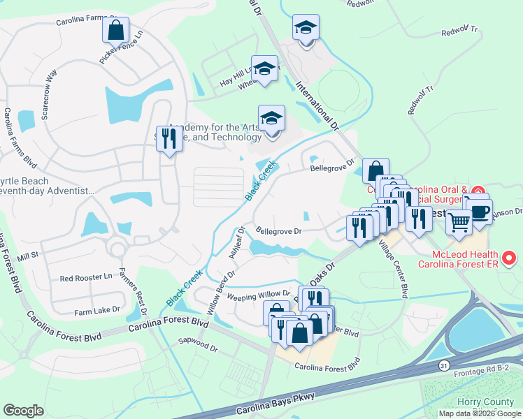 map of restaurants, bars, coffee shops, grocery stores, and more near 284 Bellegrove Drive in Myrtle Beach