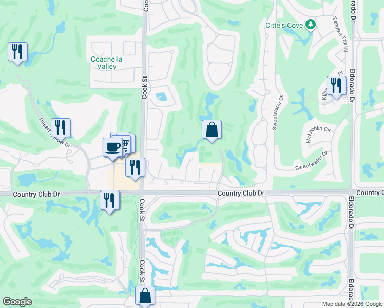 map of restaurants, bars, coffee shops, grocery stores, and more near 133 Avellino Circle in Palm Desert