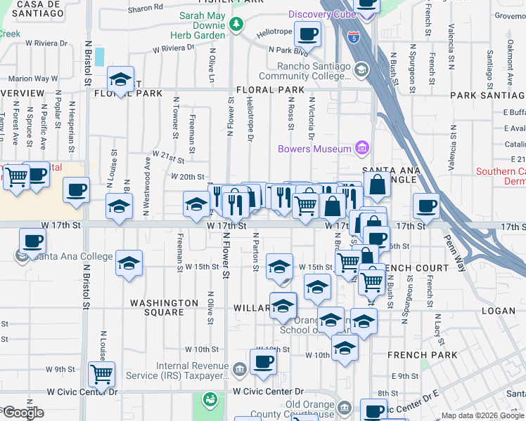 map of restaurants, bars, coffee shops, grocery stores, and more near 603 West 17th Street in Santa Ana